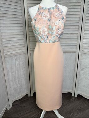 BADGLEY MISCHKA formal,embroidered, long, pencil dress sz6 in blush pink/peach